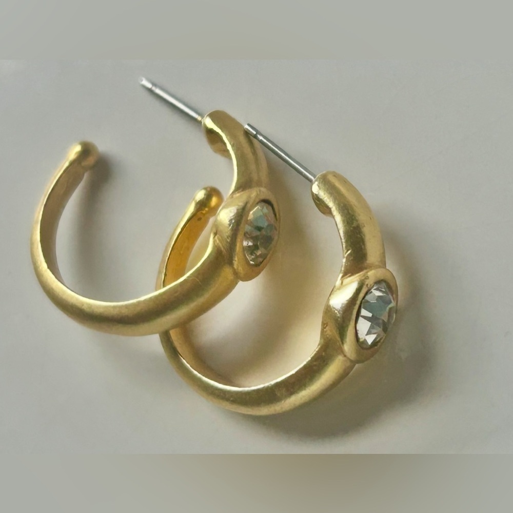 Vintage Gold Tone Crystal Hoop Earrings Huggie Bezel Set Minimalist Jewelry - Picture 4 of 8